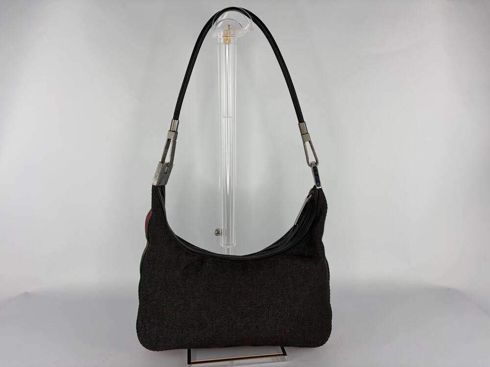 Gucci Denim Hobo Shoulder Bag, Green Red Web Stripe, Silver Hardware